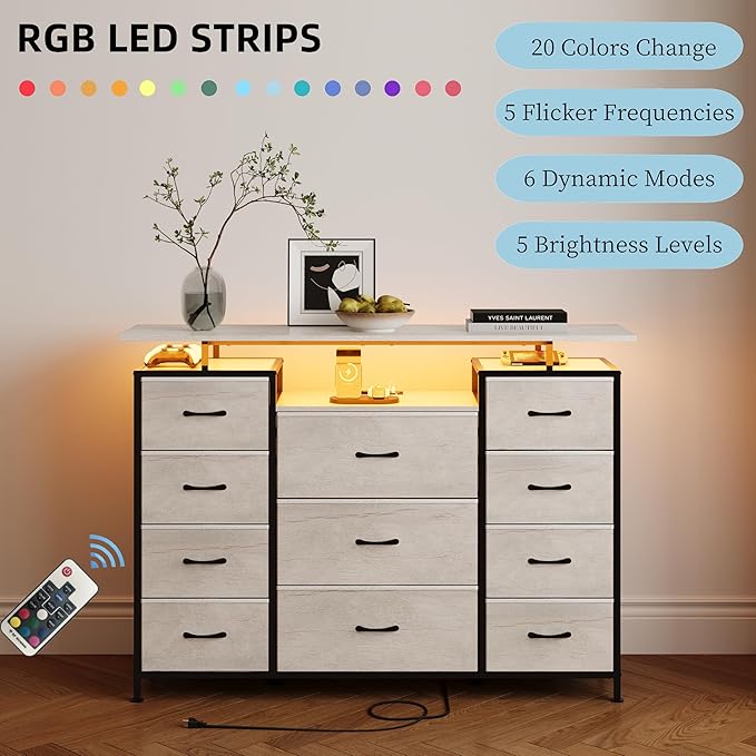 LUMTOK 11 Drawers Dresser with Fabric Drawers, Charging Station, LED Lights and - Image 5