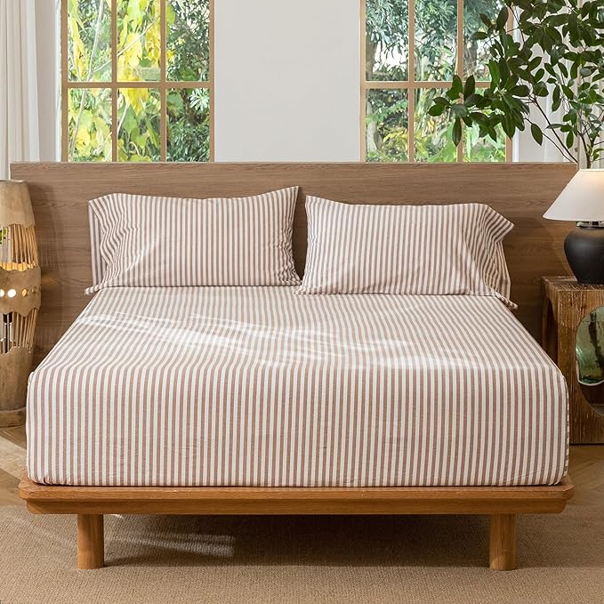 MooMee Striped Fitted Bottom Sheet Only 100% Washed Cotton Linen Like Textured - Image 6