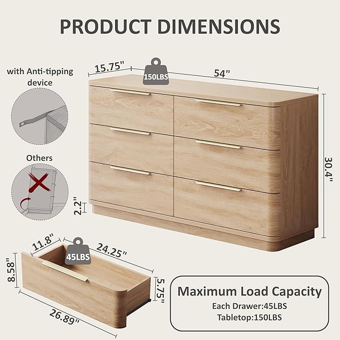 6 Drawer Dresser for Bedroom, Curved Profile Design, Wooden Oak Dresser Closet - Image 2