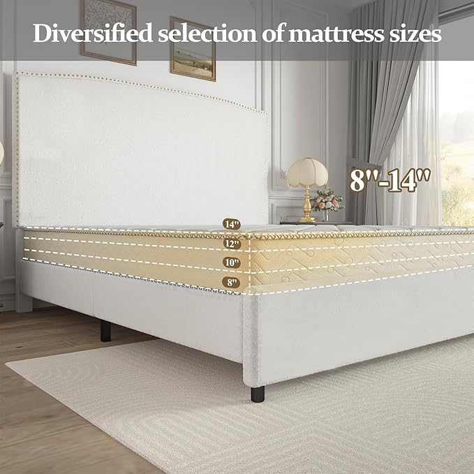 King Size Bed Frame and Headboard, Soft Boucle Fabric, No Box Spring Needed - Image 6