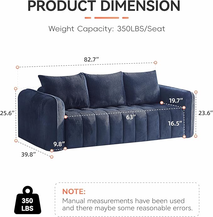 83'' Boneless Corduroy Sofa, Oversized 3 Seater Deep Seat Couch - Image 2