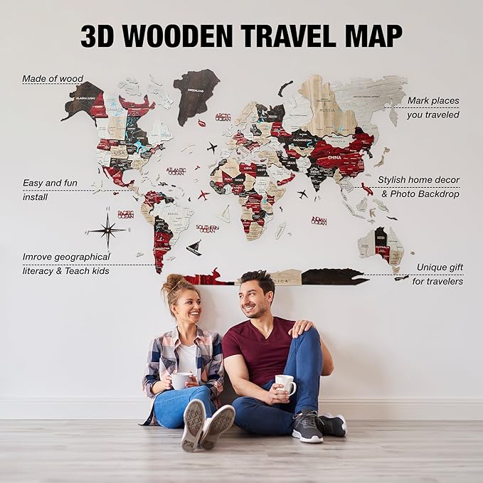 Handmade 3D Wood World Map Wall Art Large Wall Decor Track Your World Travels - Image 6