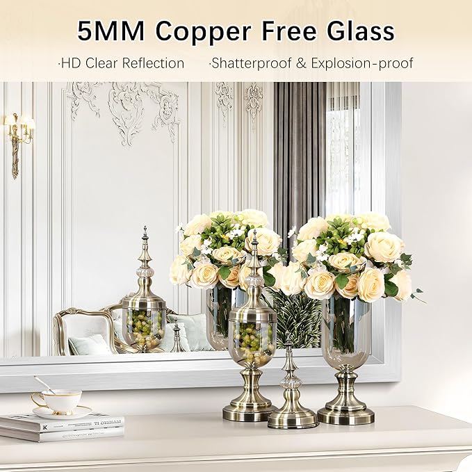30x55 Silver Bathroom Mirror, Brushed Silver Rectangular Mirror - Image 6