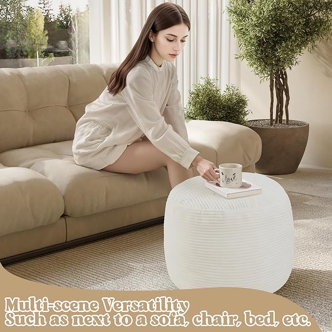 MeMoreCool Round Pouf Ottoman – Beige Corduroy Footrest - Image 7