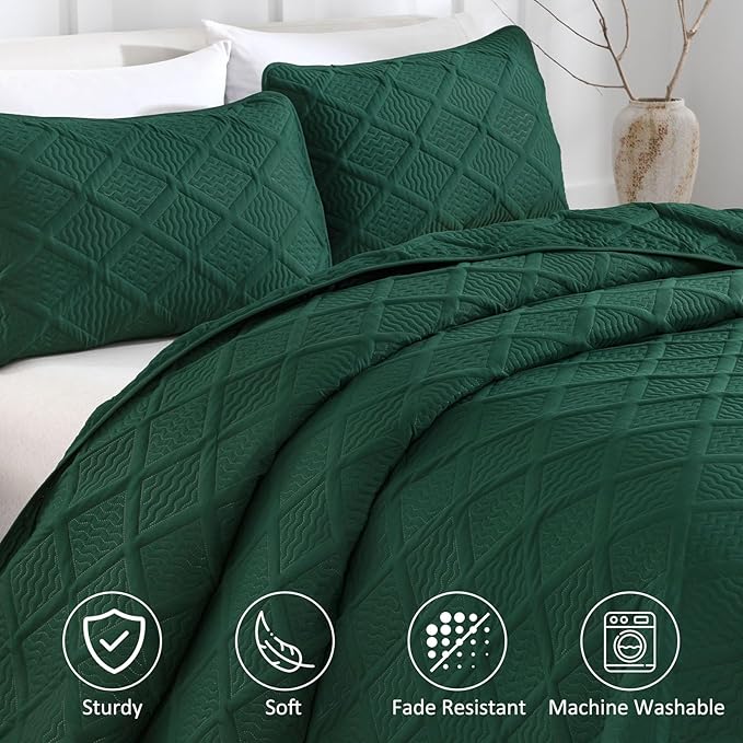 Yiran California King Quilt Set, Emerald Green Oversized Bedspread Bedding Set - Image 3