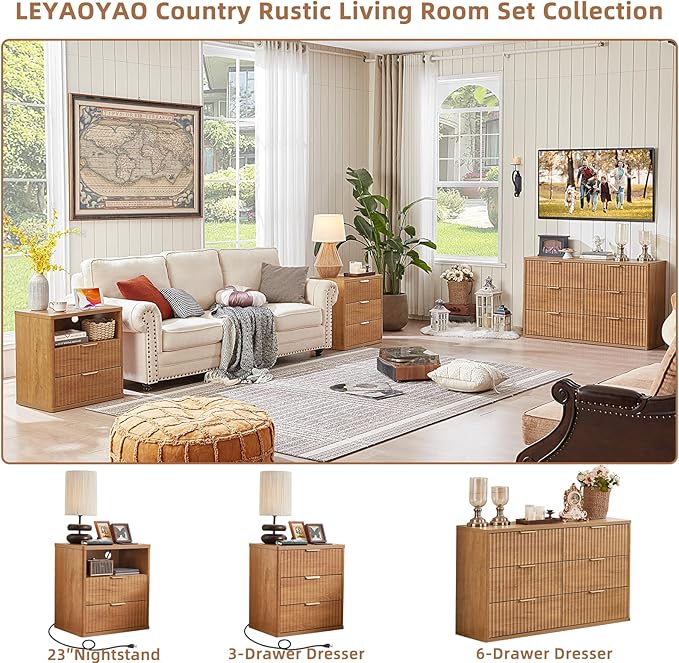 LEYAOYAO 48" Wide Fluted Dresser and 23" Nightstand Set of 2, Wooden Dresser & - Image 4