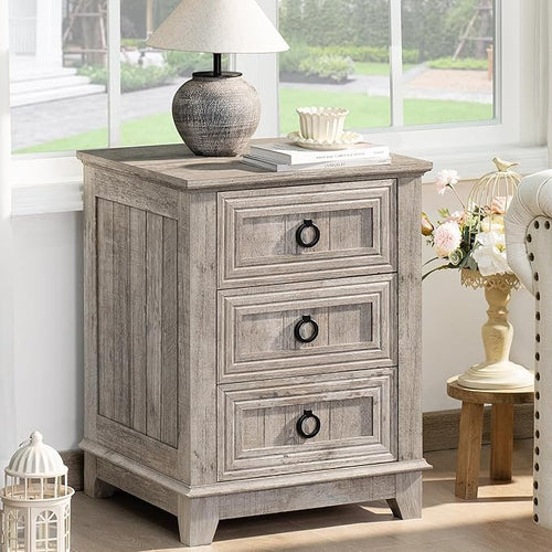 18" Farmhouse Night Stand with 3 Drawers, Wood End Table Dresser by Joaxswe