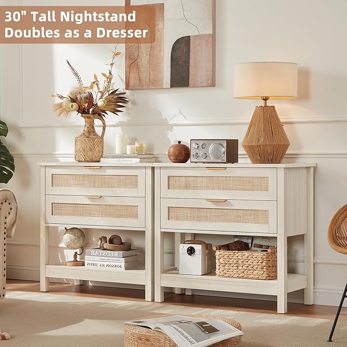LEYAOYAO 31.5" Wide Rattan Night Stands Set 2, Oversized Large Boho Nightstand - Image 9