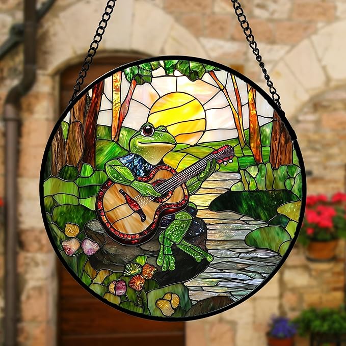 DASTOLL Stained Glass Window Hanging, Frog Playing Guitar Suncatcher Diamond - Image 2