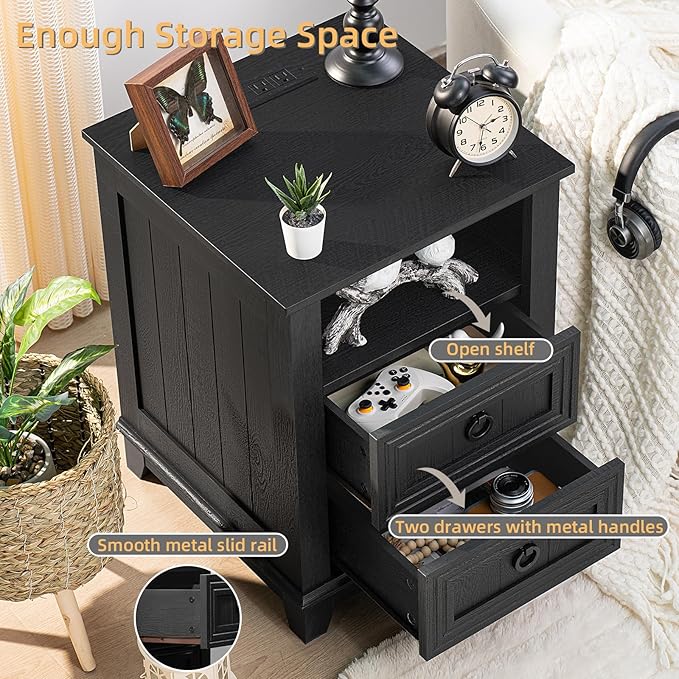 18" Farmhouse Night Stand with Charging Station, 2 Drawers End Table Dresser - Image 4