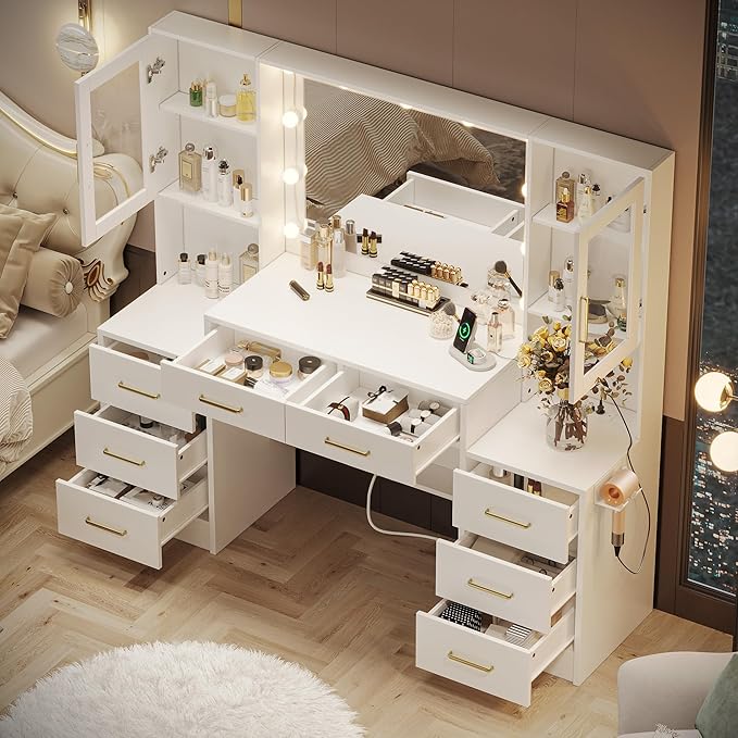 White Vanity Desk with Mirror, Lights & Charging Station, 2 Cabinets and Lots - Image 2