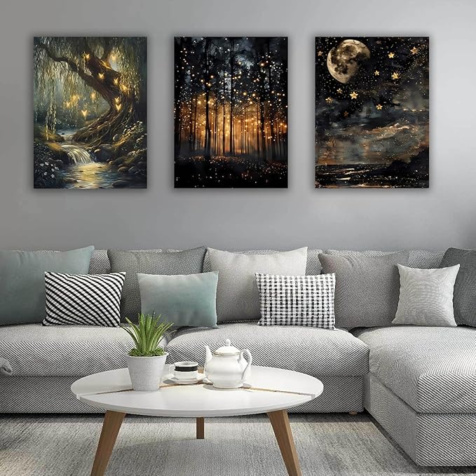 Tranquil Night Forest Framed Canvas Posters Set of 3 Wall art, Moon Fireflies - Image 5