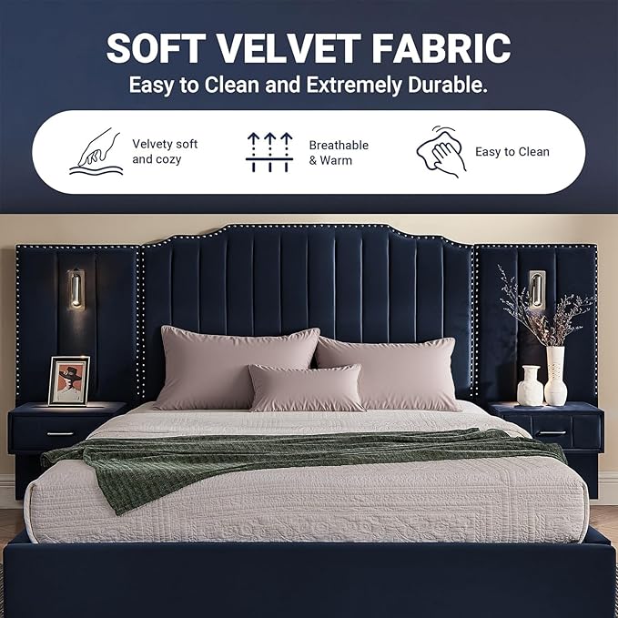 Luxury Queen Bed Frame with Headboard and Storage, Velvet Fabric Upholstered - Image 6