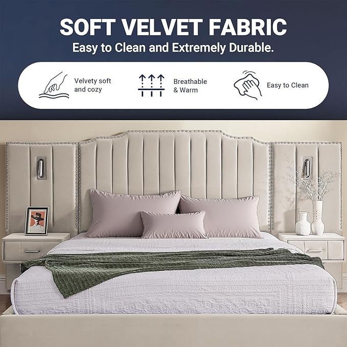 Luxury Queen Bed Frame with Headboard and Storage, Velvet Fabric Upholstered - Image 6