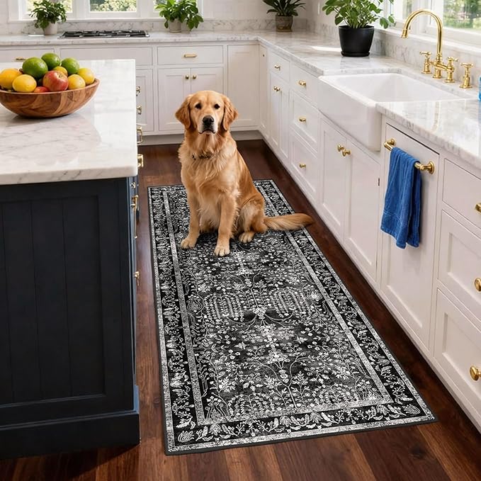 3x8 Hallway Washable Runner Rug: Extra Long Kitchen Runner Non Slip Floral Rugs - Image 3