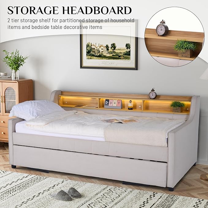 Twin Size Daybed with Pop Up Trundle Bed, Linen Fabric Upholstered Day Bed - Image 6