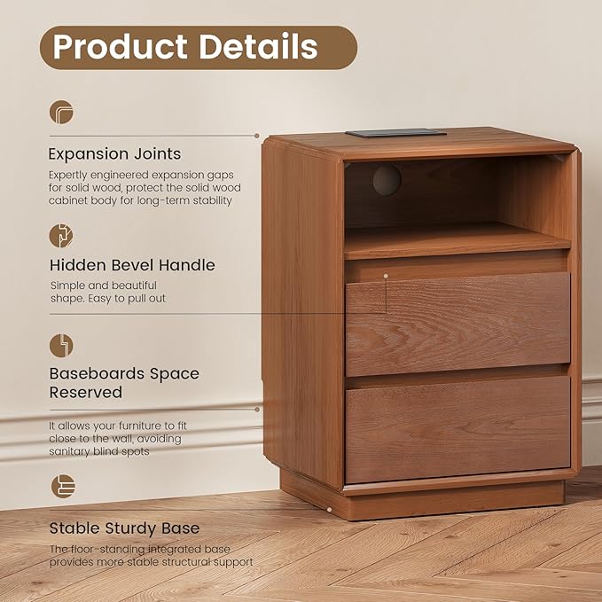 Solid Wood Nightstand Set of 2, Natural Wood Night Stand - Image 5