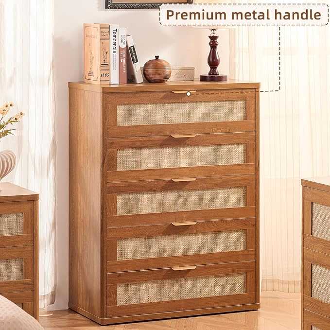 LEYAOYAO Rattan Dresser and Nightstand Set of 3, Boho Wood Dresser - Image 7