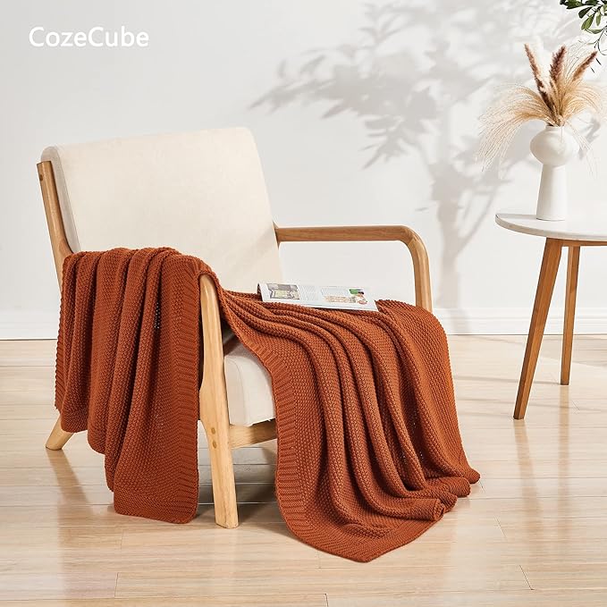 CozeCube Orange Throw Blanket for Couch, Soft Cozy Cable Knit Throw for Bed - Image 2