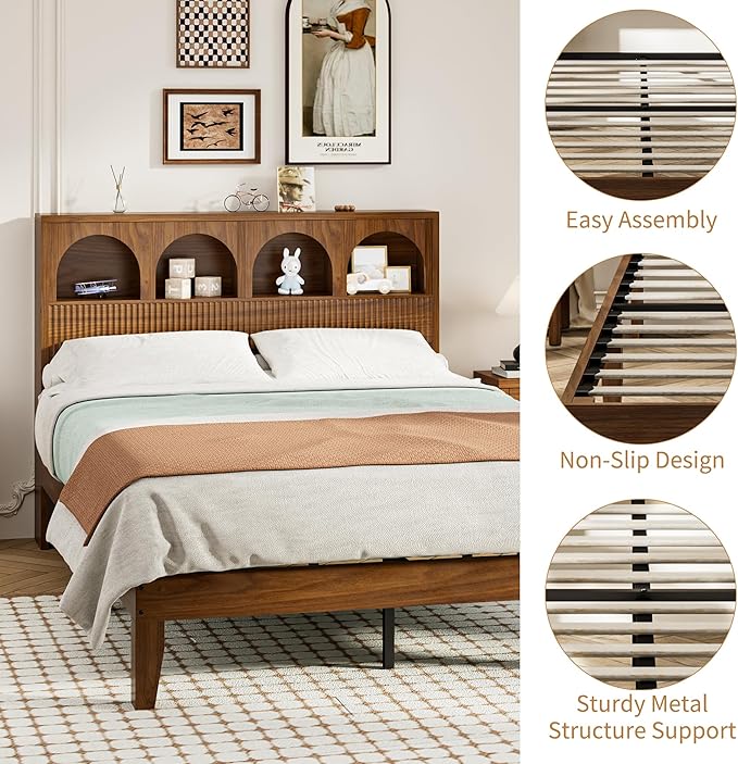 Full Bed Frame with Wave Headboard, Storage Headboard with 4 Arched Storage - Image 5