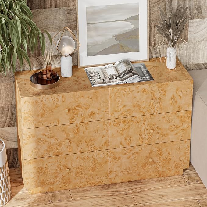 Modern 6 Drawer Dresser with Burl Finish, Wide Wood Chest of Drawers Clothes - Image 8