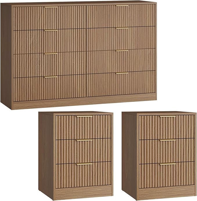 8 Drawer Dresser & 3 Drawer Nightstand Set 3-Piece, Tall Fluted Dresser and - Image 8