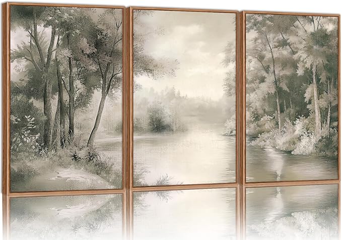 Yeehomedec Vintage Nature Landscape Framed Canvas Wall Art Set, Rustic Misty by Unknown