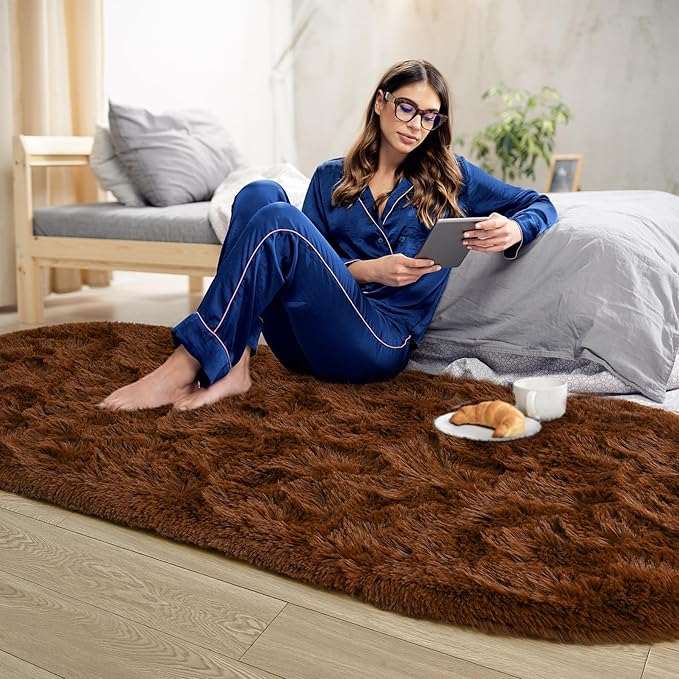 Noahas Fluffy Brown Rugs for Bedroom Living Room, 2.6'X5.3' Oval Throw Rug for - Image 3