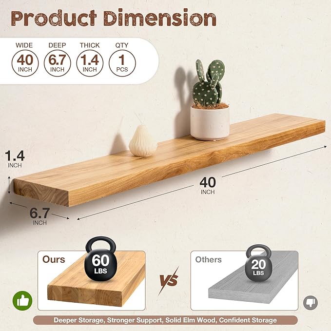 fuqing Floating Shelves for Wall, 40 inch Rustic Solid Elm Wood Floating Shelves - Image 3