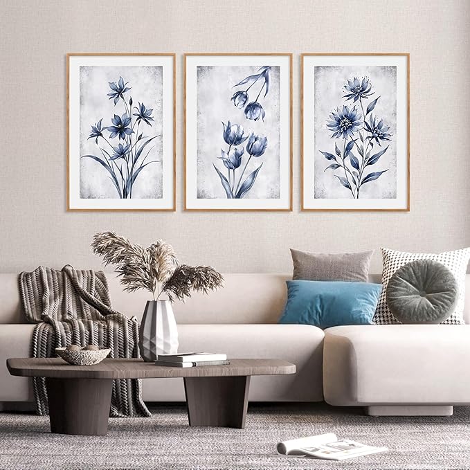 LHIUEM Navy Blue and Grey Flower Framed Canvas Wall Art Set, Modern Botanical - Image 2