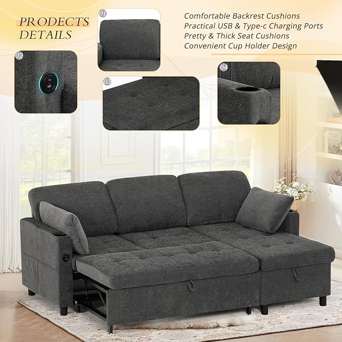 84" Fabric Pull Out Sofa Bed w/Adjustable Backrest, L-Shape Modern Sleeper Sofa - Image 4