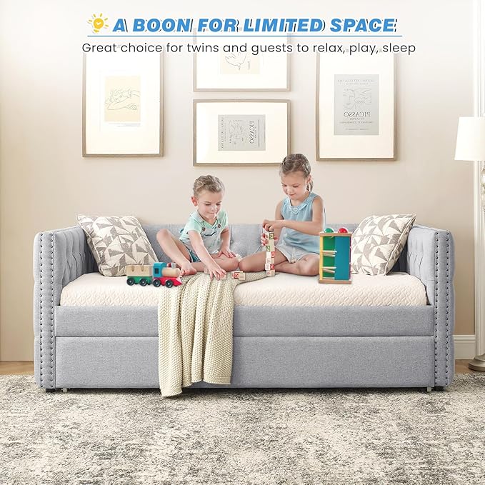 Antetek Daybed with Trundle, Upgraded Linen Upholstered Twin Size Day Bed - Image 9