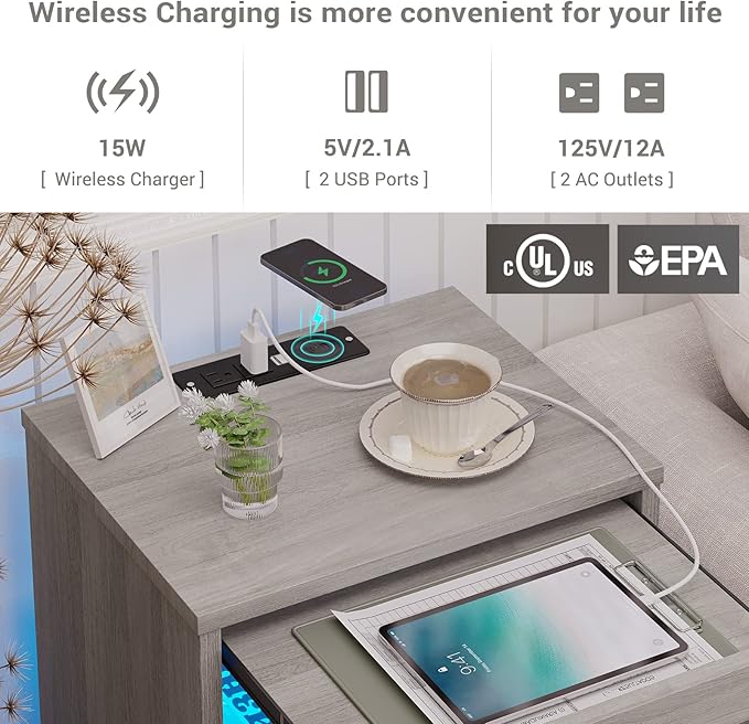 Tiptiper LED Nightstand with Wireless Charging Station, Farmhouse Nightstand - Image 4