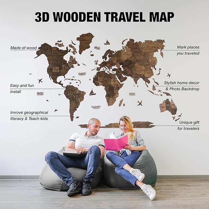 Handmade 3D Wood World Map Wall Art Large Wall Decor Track Your World Travels - Image 6