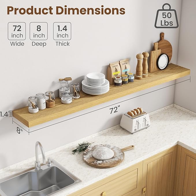 72 Inch Floating Shelves for Wall, 8 Inch Deep Floating Shelf for Storage & - Image 3