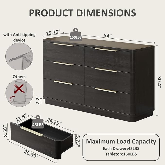 6 Drawer Dresser for Bedroom, Curved Profile Design, Wooden Black Dresser - Image 2
