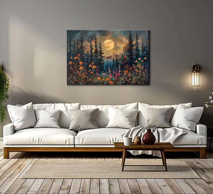 Full Moon Forest Canvas Wall Art Moonlit Pine Tree Mountains and Wildflowers - Image 6