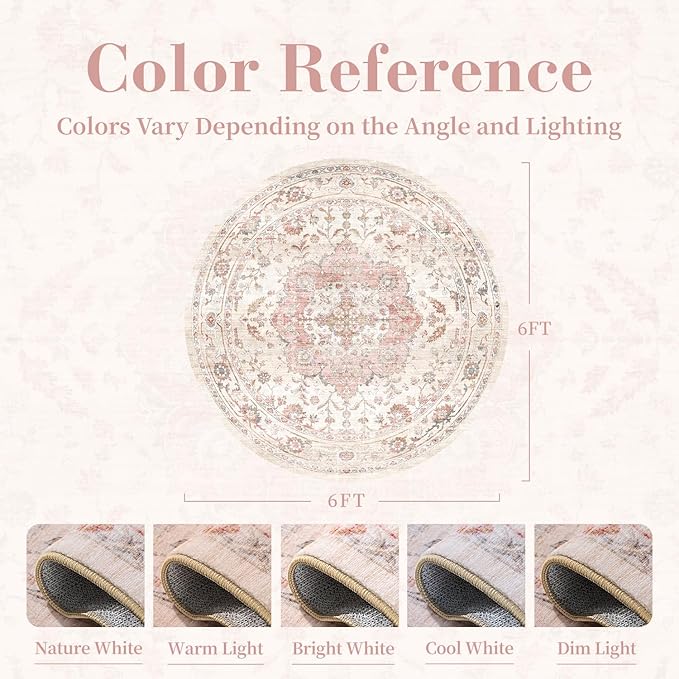 PADOOR 6FT Round Rug, Rugs for Living Room, Soft Pink Circle Rug, Machine - Image 2