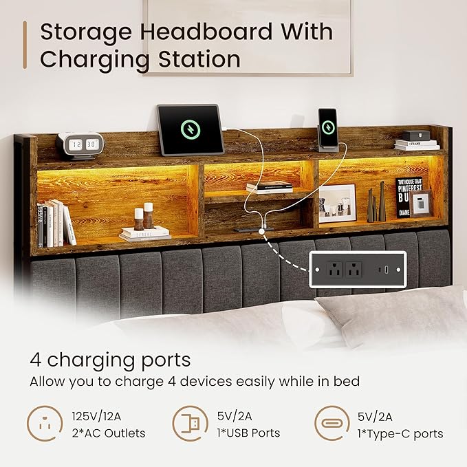 King Bed Frame with 6 Storage Drawers, Linen Upholstered Headboard, Built-in - Image 5