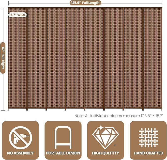 8 Panel Room Divider and Extra Wide Folding Privacy Screen, Bamboo Room Divider - Image 2
