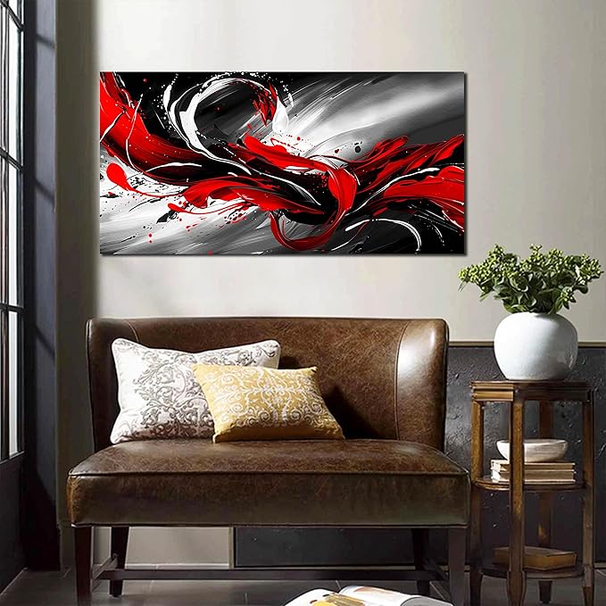 Black White and Red Abstract Print Picture Painting Large Canvas Wall Art - Image 2