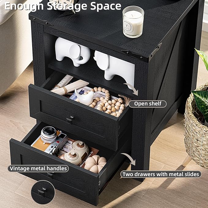 Joaxswe Nightstand with Charging Station, Farmhouse Night Stand with 2 Drawers - Image 7
