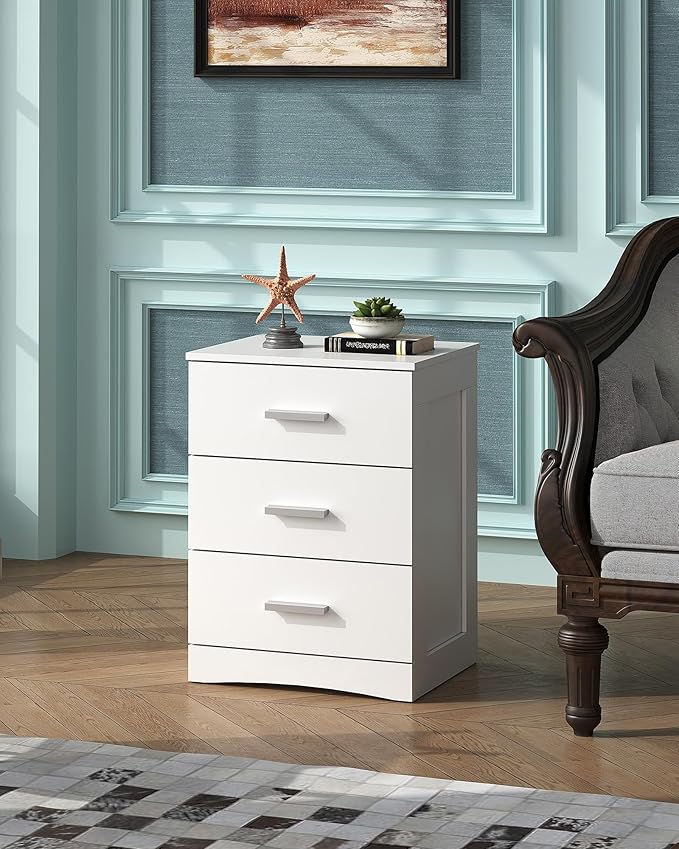 WLIVE White Night Stand with 3 Drawers, Small Nightstand with Storage, Wooden - Image 6