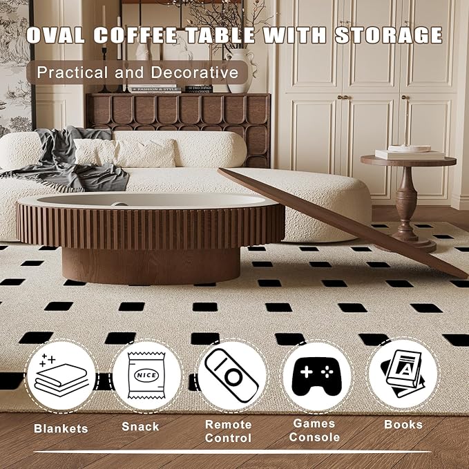 Oval Coffee Table with Storage, Modern Walnut Coffee Table with Solid Wood - Image 5