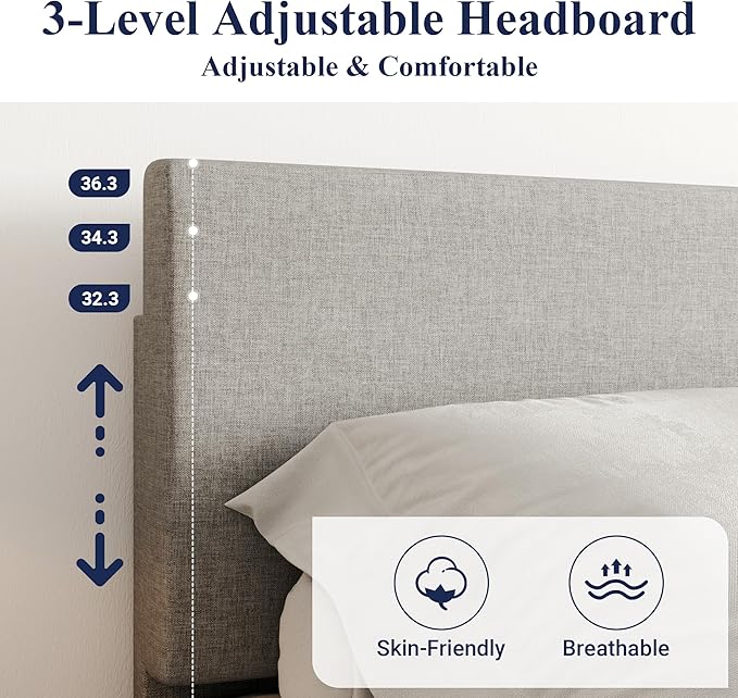 Allewie Queen Bed Frame with Upholstered Adjustable Headboard, Platform Bed - Image 4