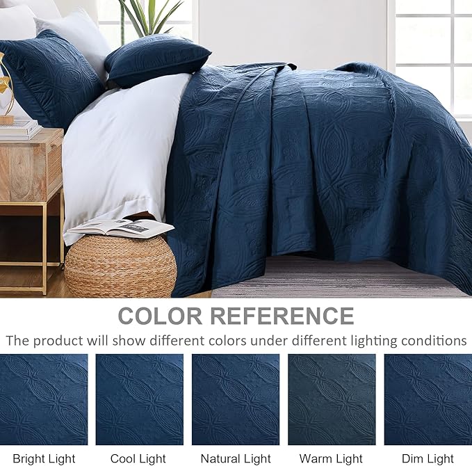 Yiran Navy Blue Quilt Set King Size Lightweight Bedspread Embossed Pattern Soft - Image 4