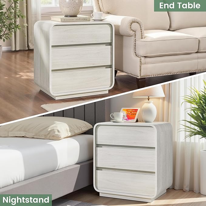 White Nightstand with Charging Station, Modern Dresser End Table with 3 Storage - Image 6