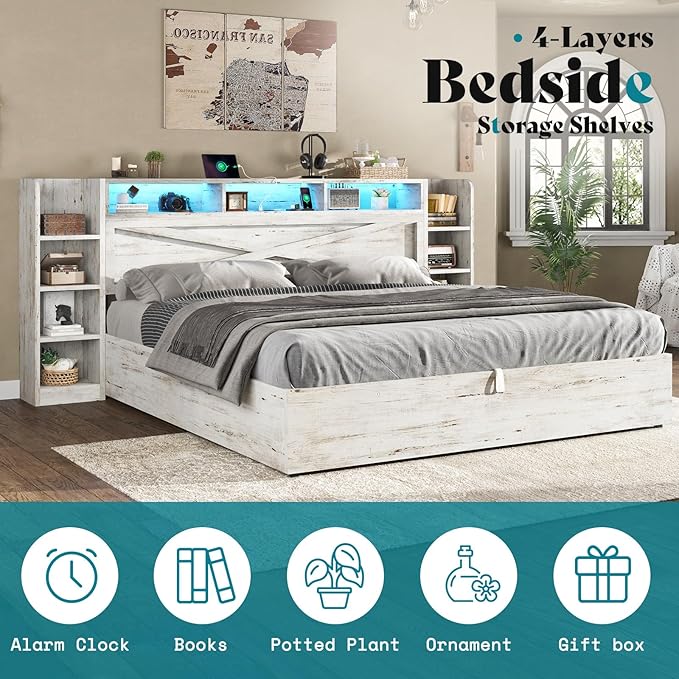 AMERLIFE King Size Lift Up Storage Bed Frame, 45.1" LED Bed Frame - Image 4