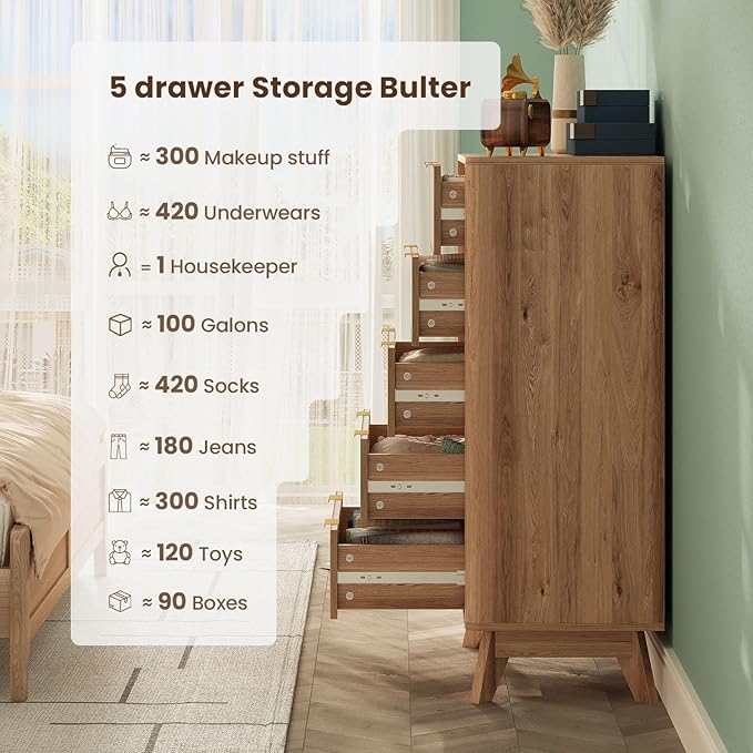 43'' Hight 5 Drawers Dresser for Bedroom, Modern Fluted Vertical Chest - Image 5