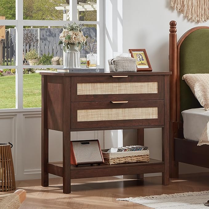 LEYAOYAO 31.5" Wide Rattan Night Stand, Oversized Large Walnut Nightstand - Image 7